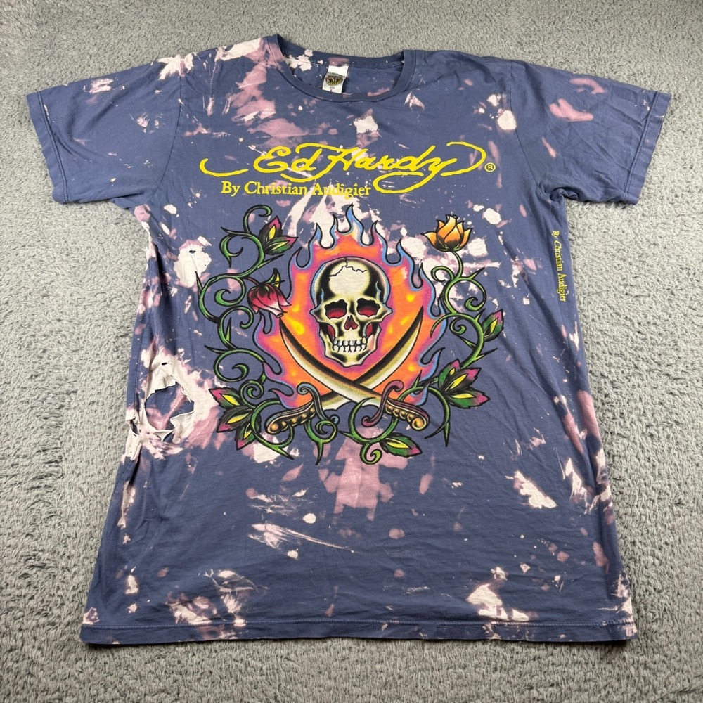 Vintage Y2k Ed Hardy Distressed Skull Flames Tie Dye T Shirt Large